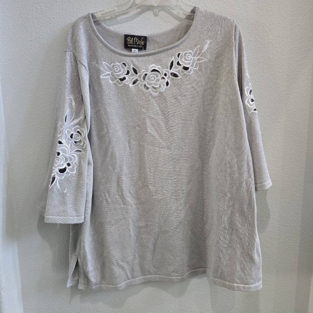 vintage Bob Mackie Light Gray Floral Embroidered Blouse size 1X NWT